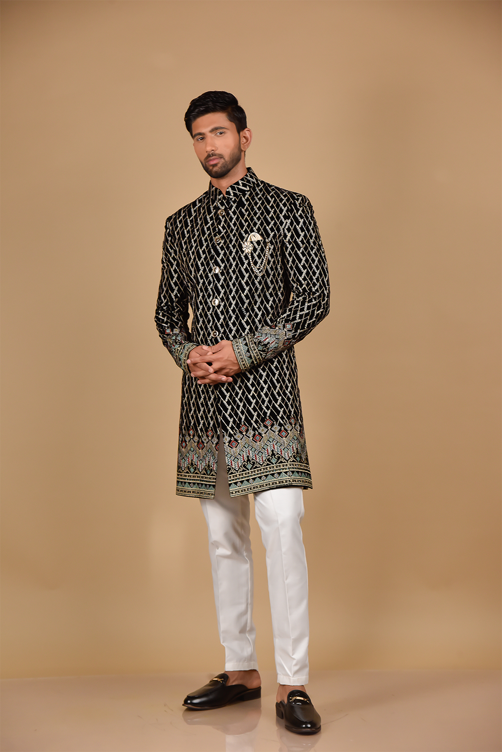 Black & Golden Thread Embroidered Velvet Indo-Western