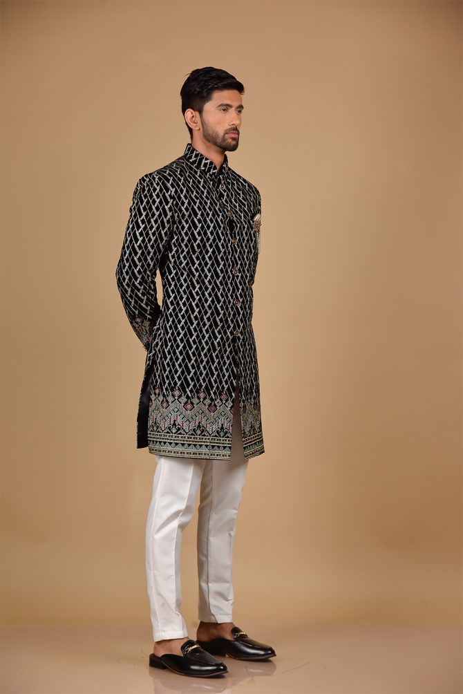 Black & Golden Thread Embroidered Velvet Indo-Western