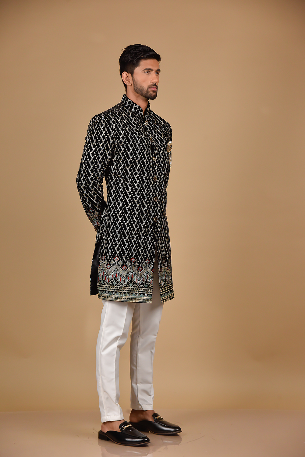 Black & Golden Thread Embroidered Velvet Indo-Western