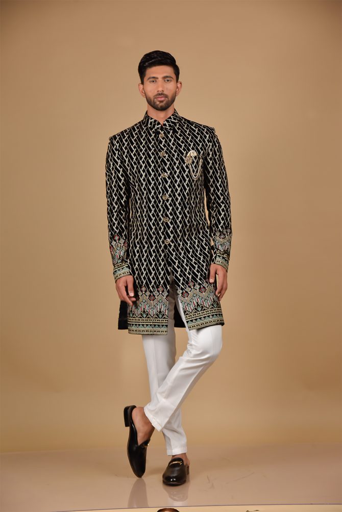 Black & Golden Thread Embroidered Velvet Indo-Western