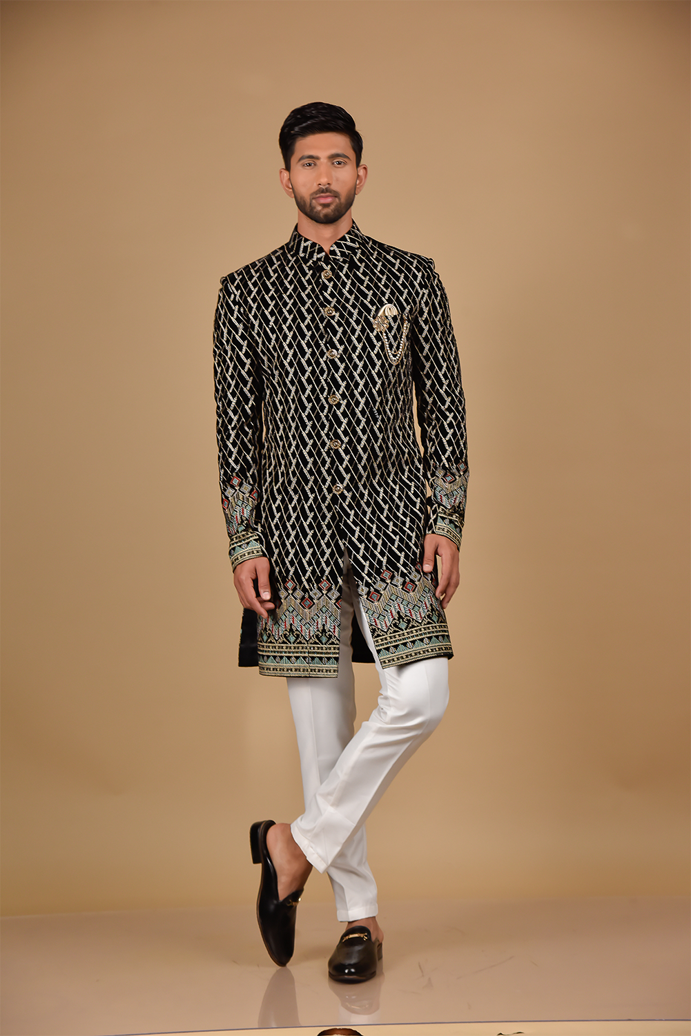 Black & Golden Thread Embroidered Velvet Indo-Western