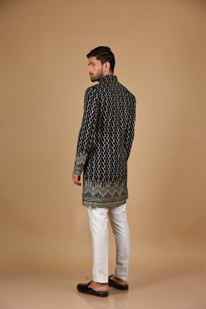 Black & Golden Thread Embroidered Velvet Indo-Western