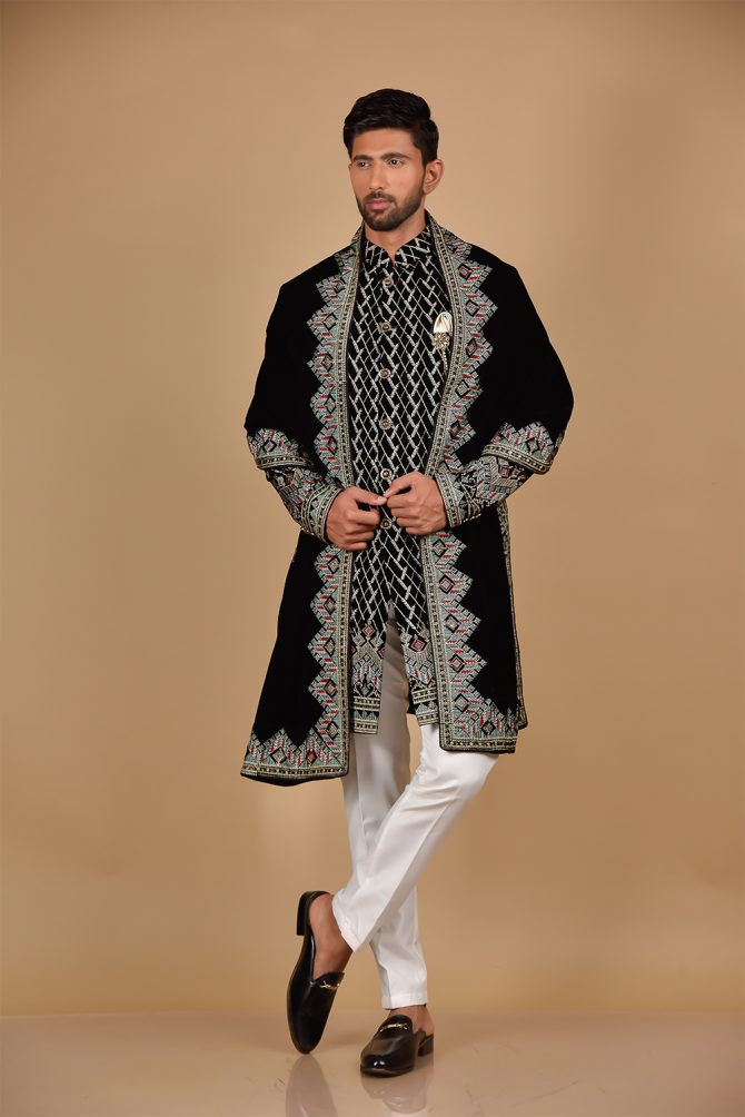 Black Thread Embroidered Indo Western with Velvet Dupatta