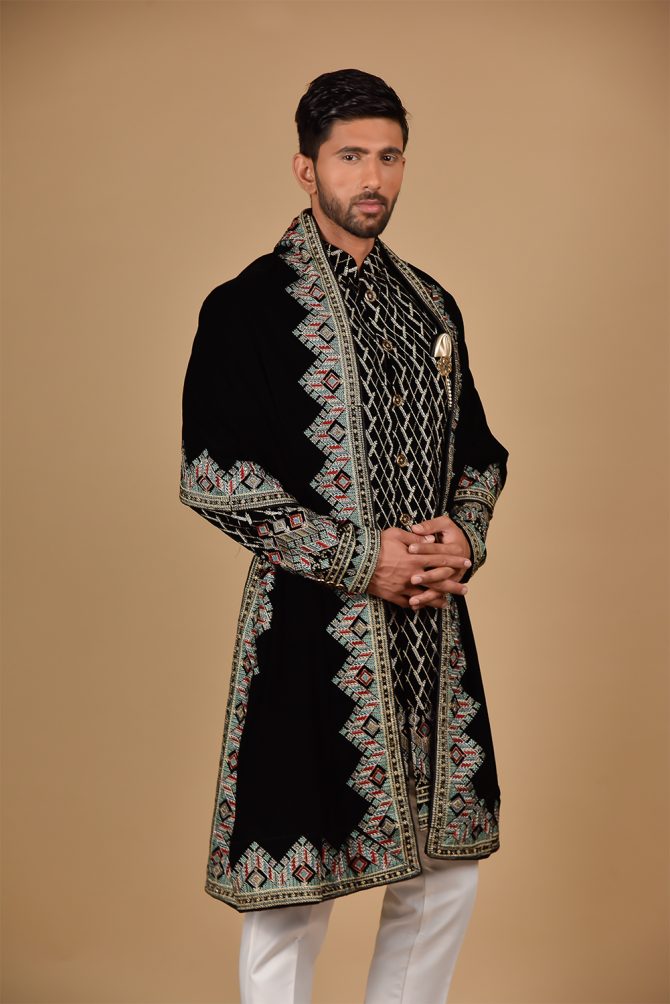 Black Thread Embroidered Indo Western with Velvet Dupatta