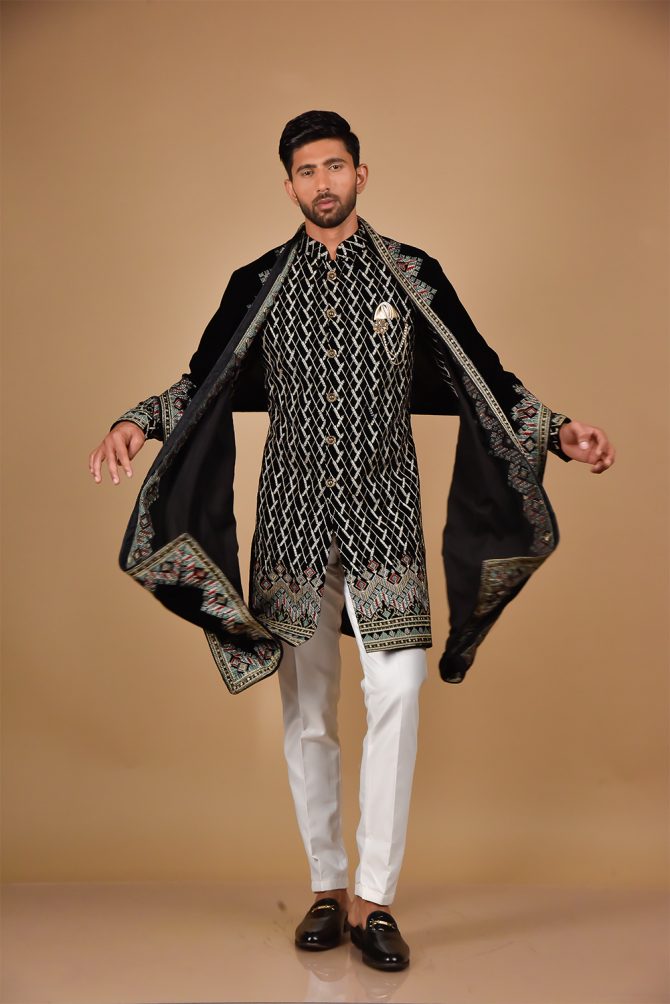 Black Thread Embroidered Indo Western with Velvet Dupatta