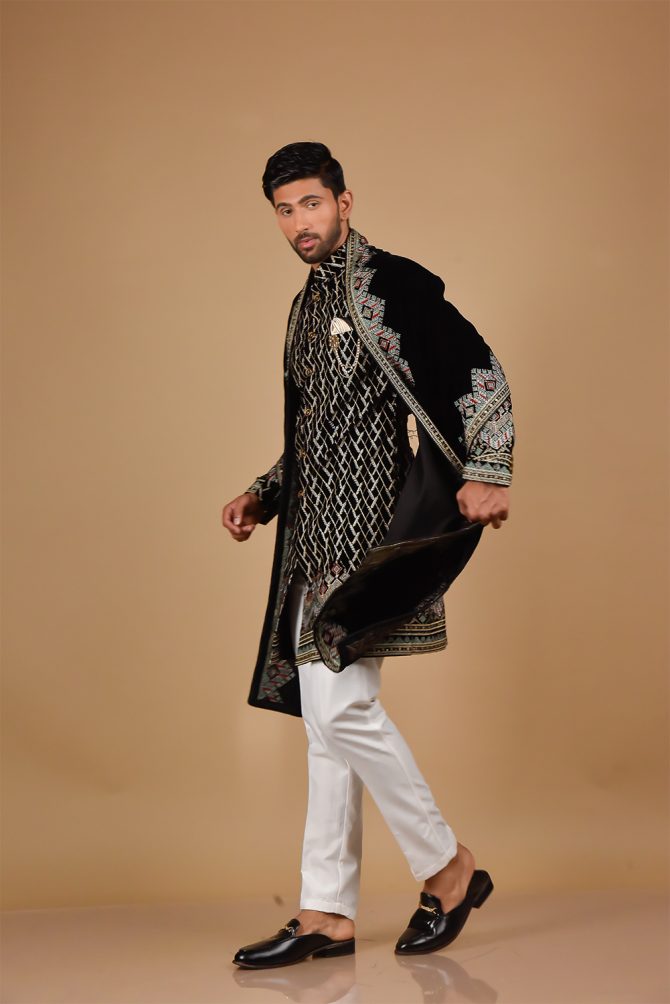 Black Thread Embroidered Indo Western with Velvet Dupatta