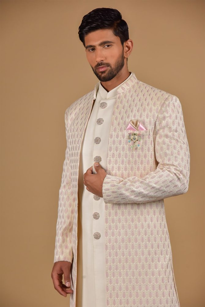 Off White & Pink Thread Work Indo-Western