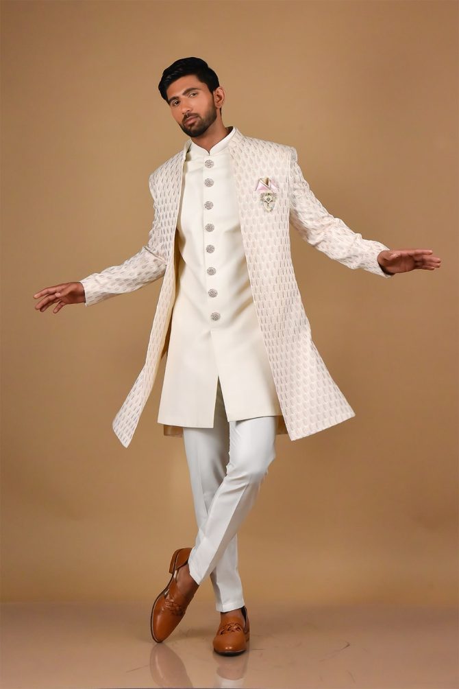 Off White & Pink Thread Work Indo-Western