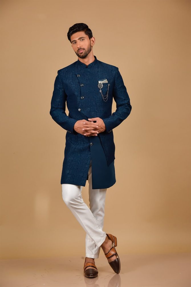 Navy Blue Woven Festive Indo Western