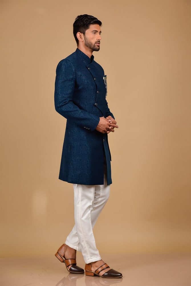 Navy Blue Woven Festive Indo Western