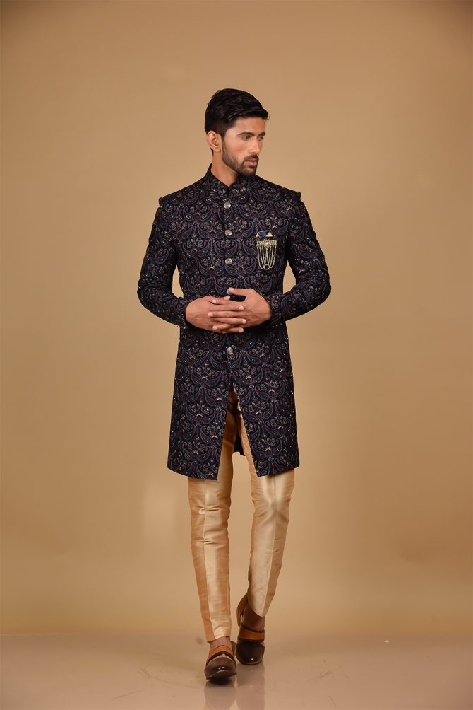 Golden Sequin Thread Embroidered Velvet Indo-Western