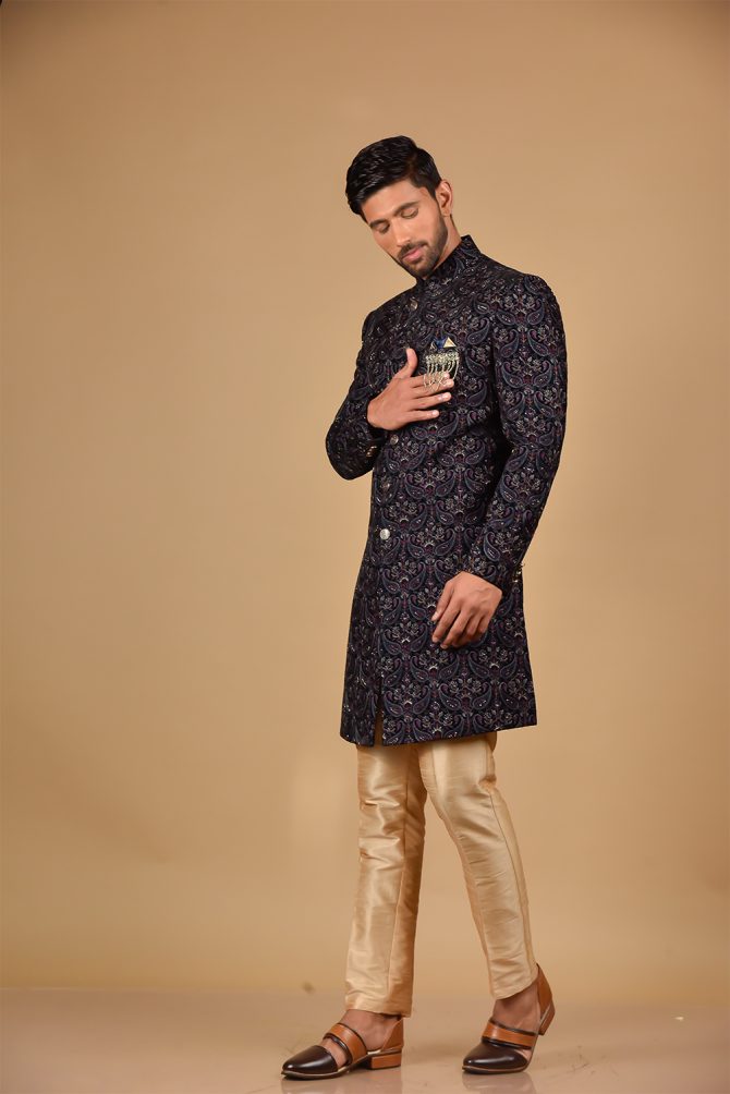 Golden Sequin Thread Embroidered Velvet Indo-Western