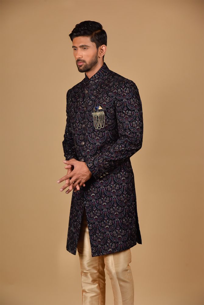 Golden Sequin Thread Embroidered Velvet Indo-Western