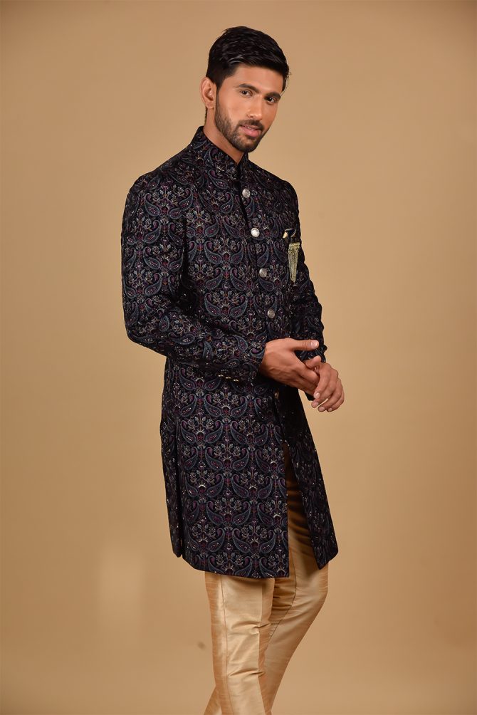 Golden Sequin Thread Embroidered Velvet Indo-Western