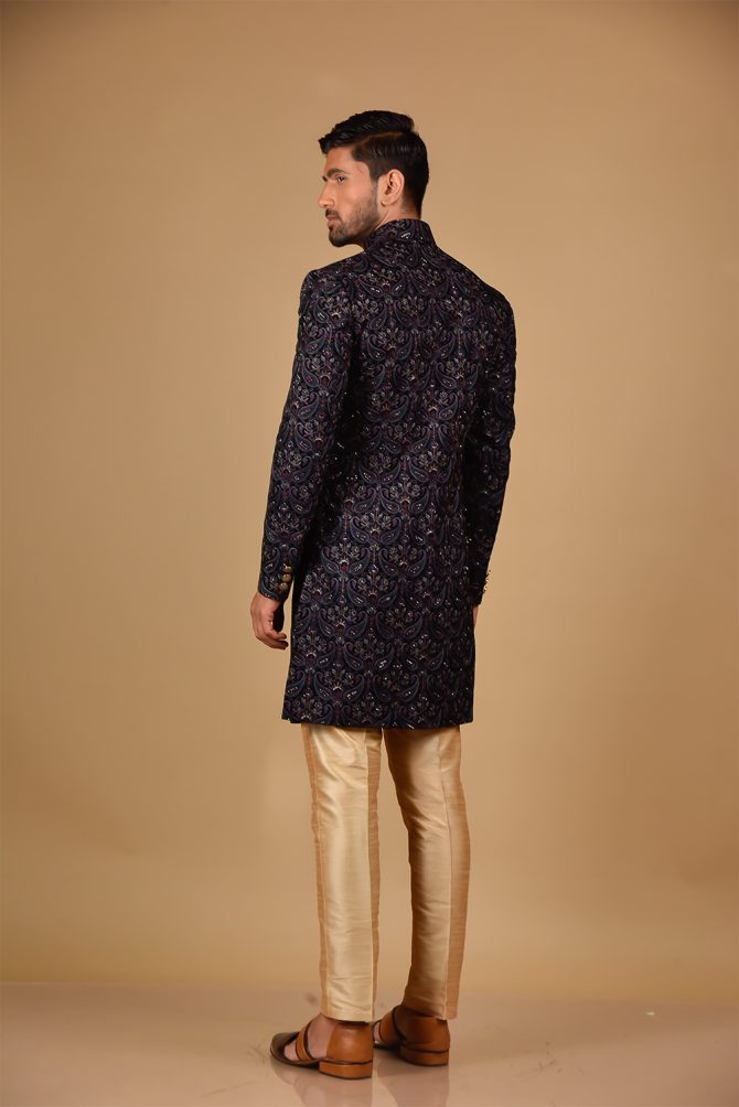 Golden Sequin Thread Embroidered Velvet Indo-Western