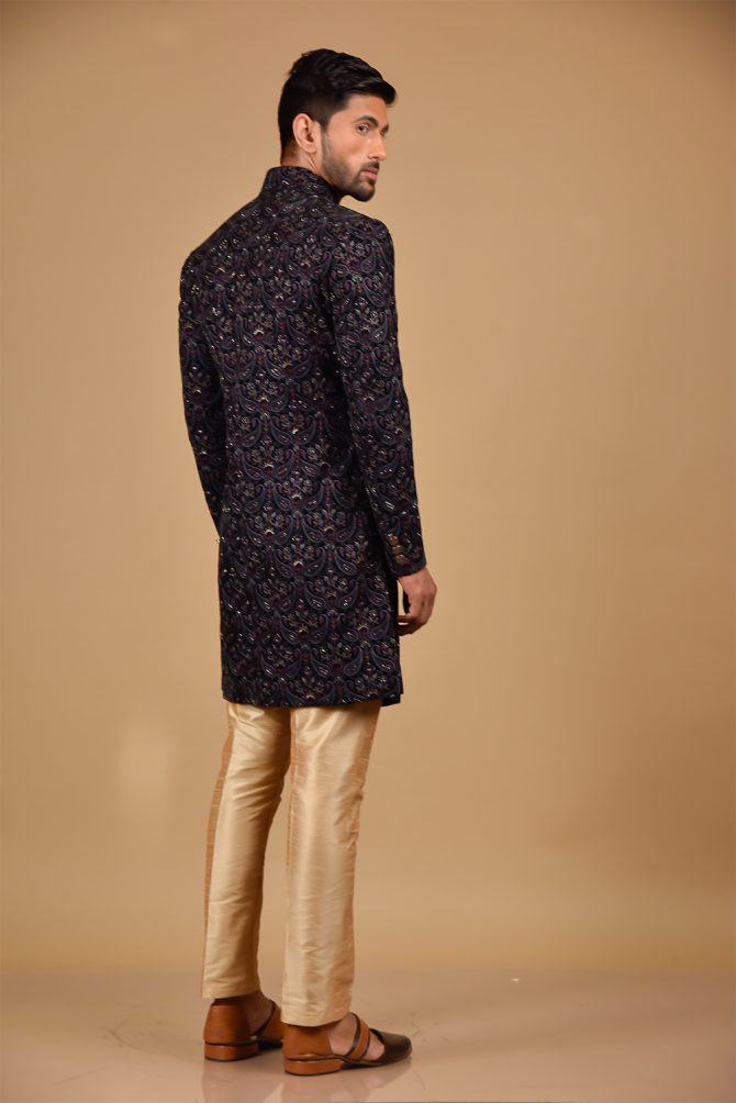 Golden Sequin Thread Embroidered Velvet Indo-Western