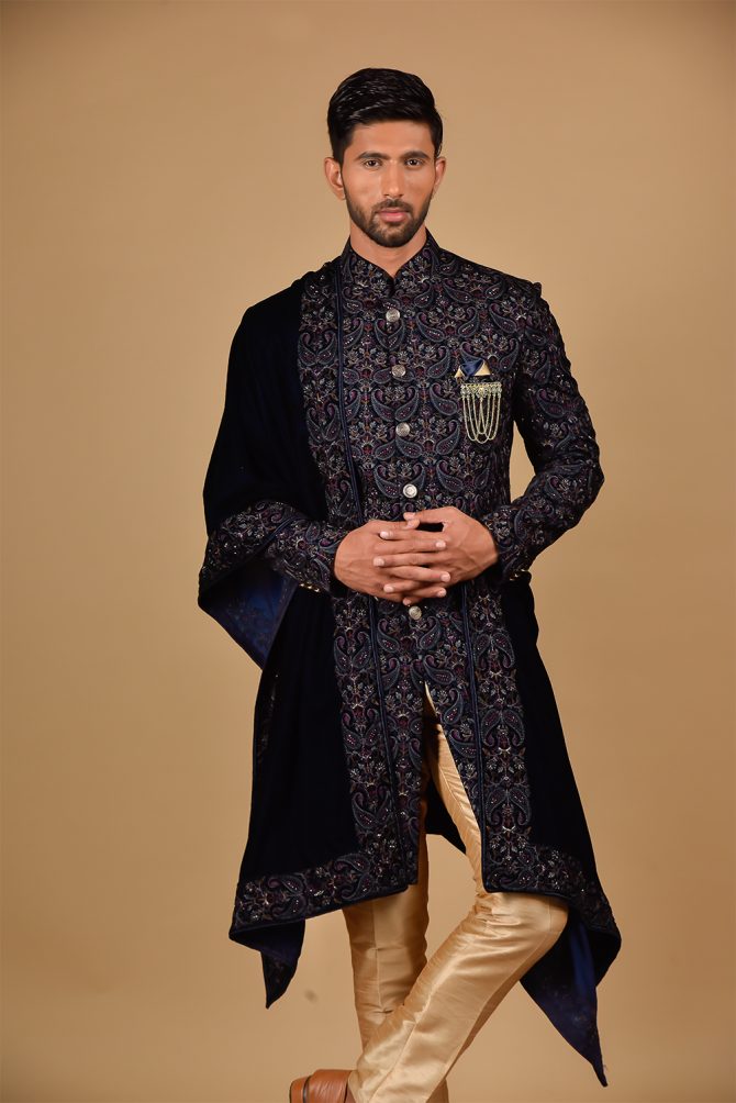 Golden Sequin Thread Embroidered Velvet Indo-Western With Dupatta