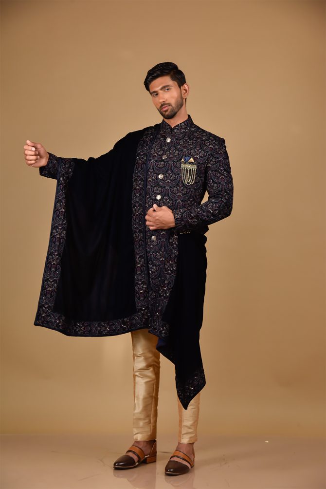 Golden Sequin Thread Embroidered Velvet Indo-Western With Dupatta