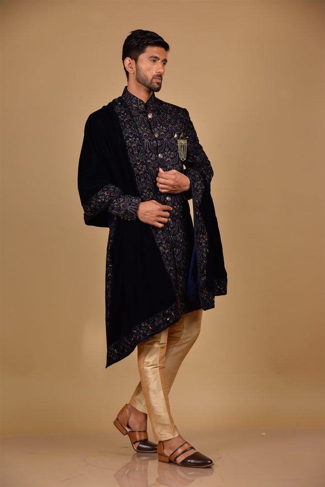 Golden Sequin Thread Embroidered Velvet Indo-Western With Dupatta