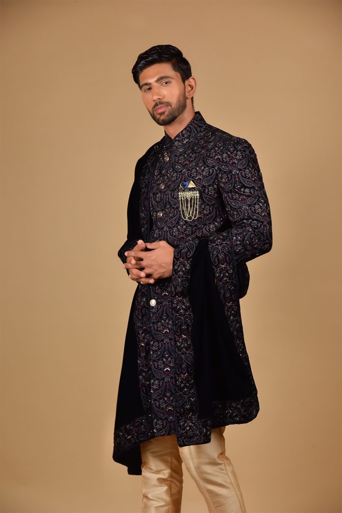 Golden Sequin Thread Embroidered Velvet Indo-Western With Dupatta