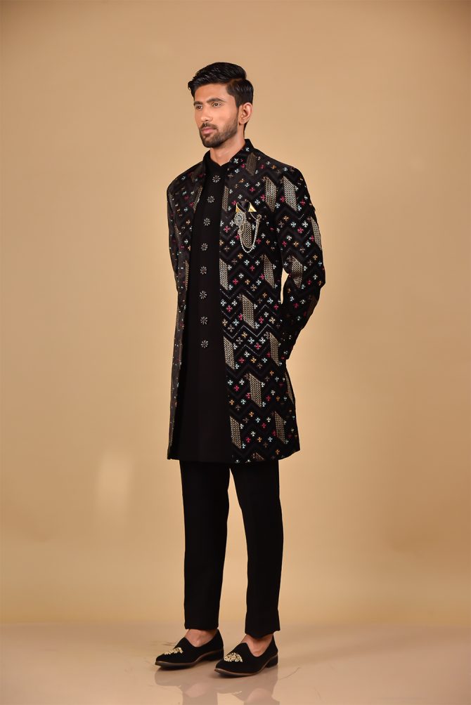 Black & Gold Sequin Thread Embroidery Velvet Indo-Western