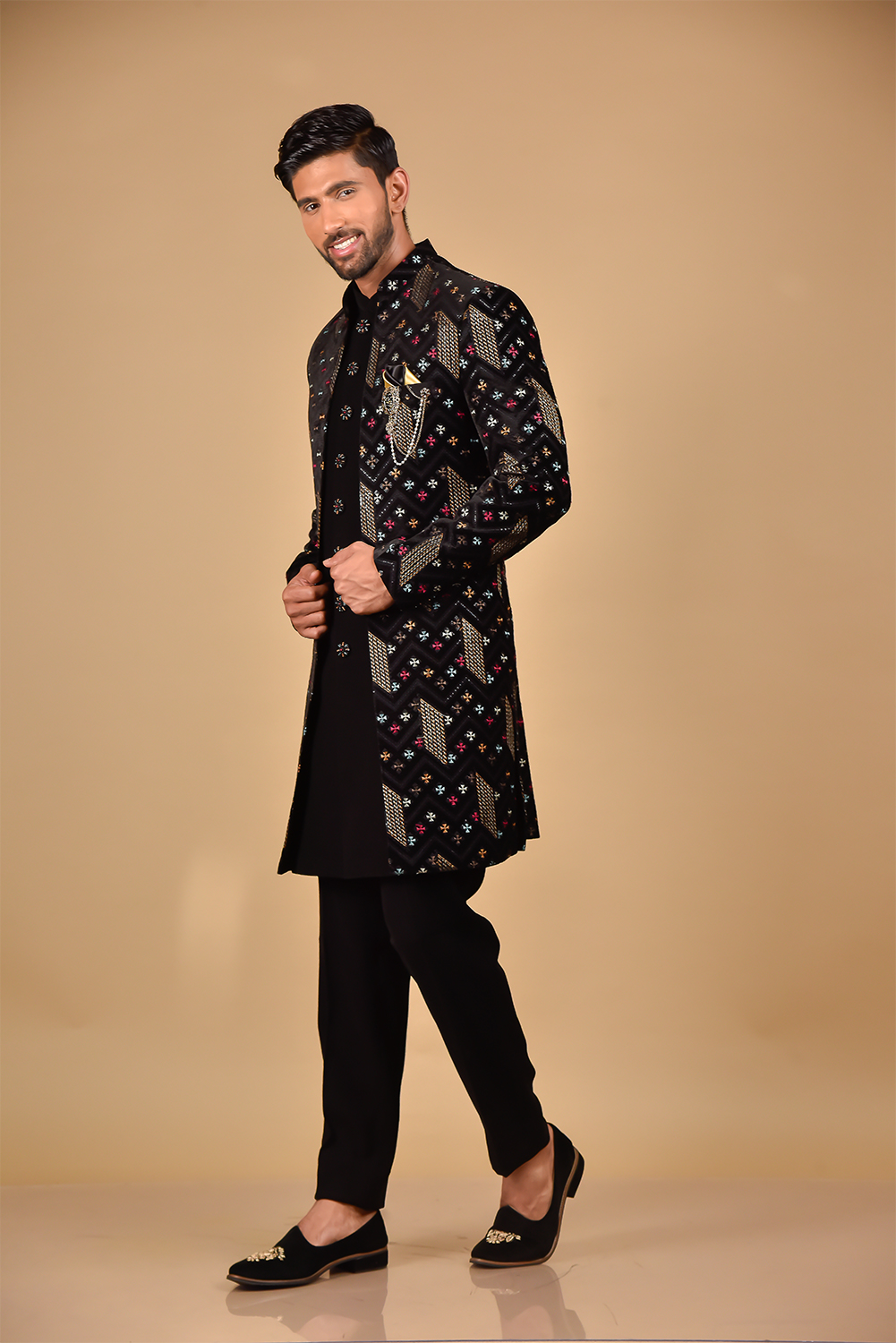 Black & Gold Sequin Thread Embroidery Velvet Indo-Western