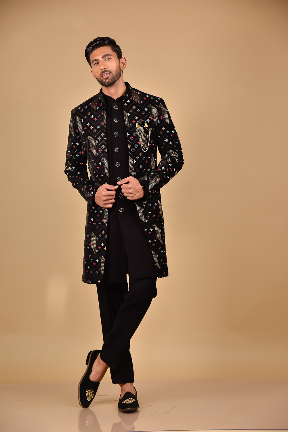 Black & Gold Sequin Thread Embroidery Velvet Indo-Western