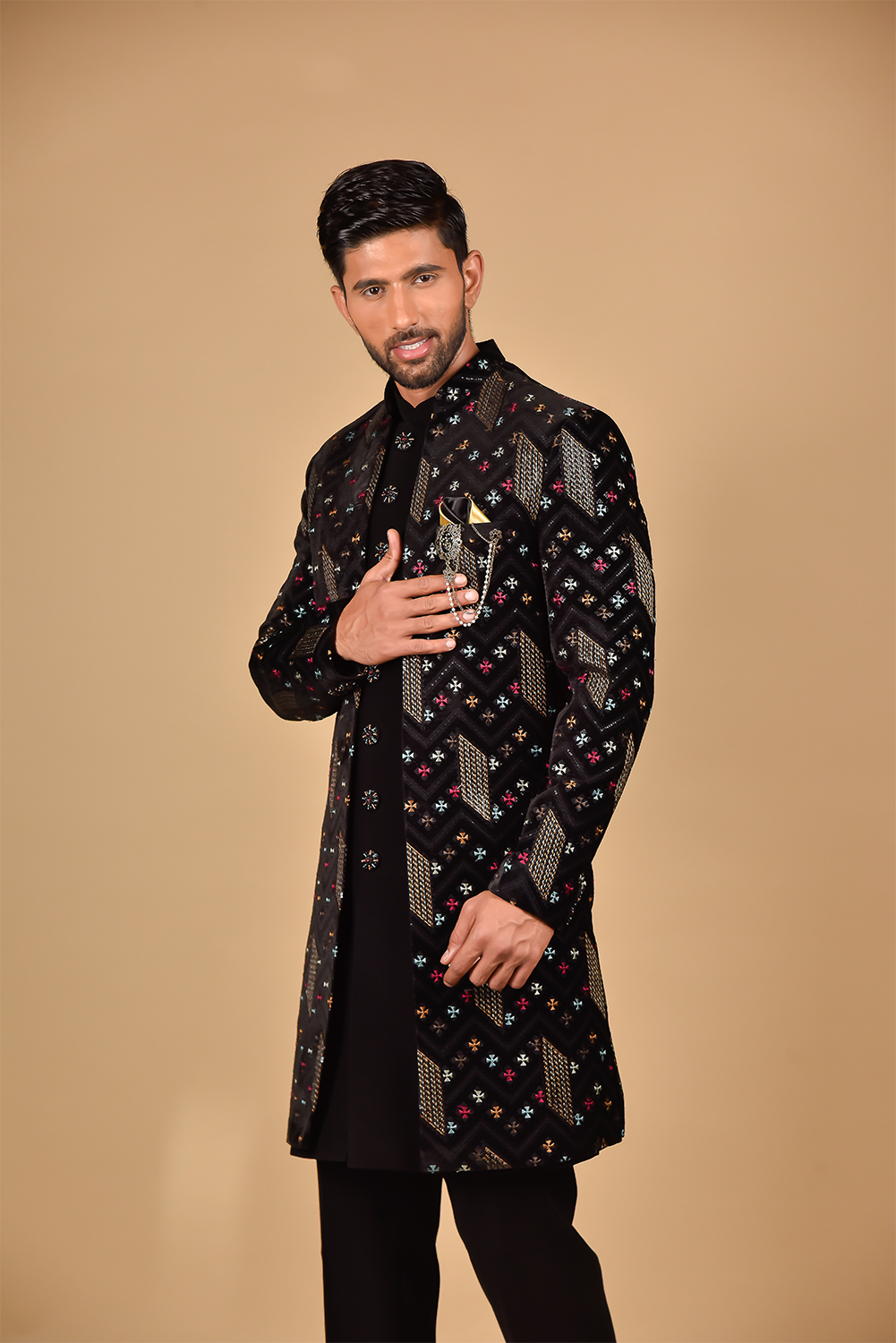 Black & Gold Sequin Thread Embroidery Velvet Indo-Western