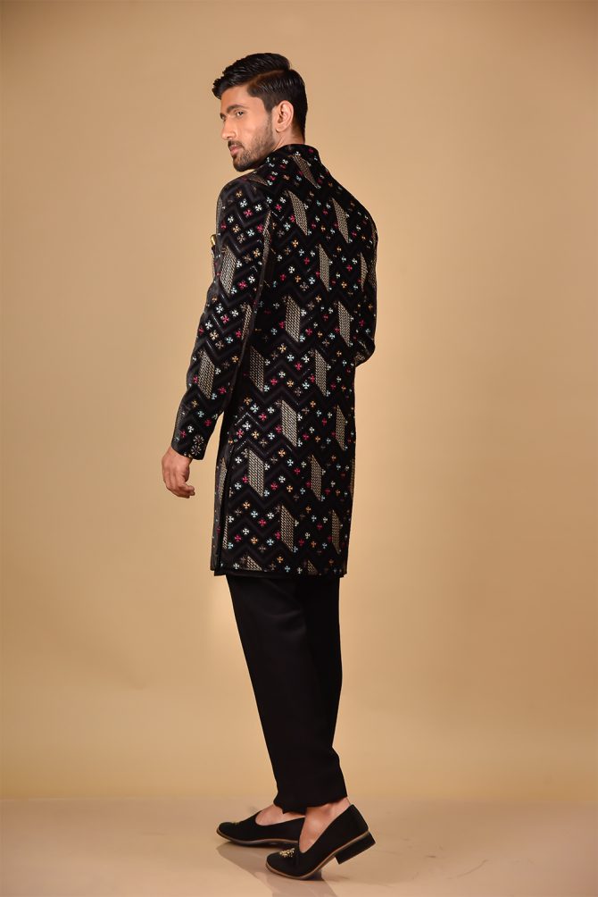 Black & Gold Sequin Thread Embroidery Velvet Indo-Western