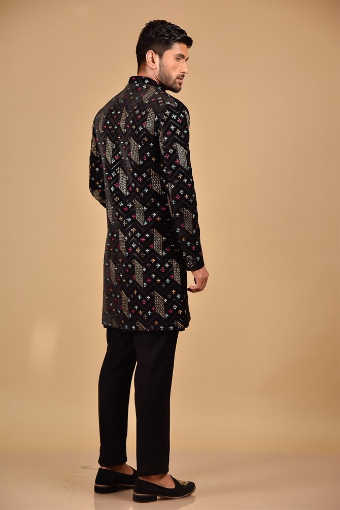 Black & Gold Sequin Thread Embroidery Velvet Indo-Western
