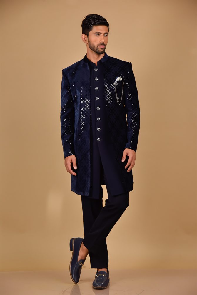 Royal Blue Sequin Thread Embroidered Indo-Western