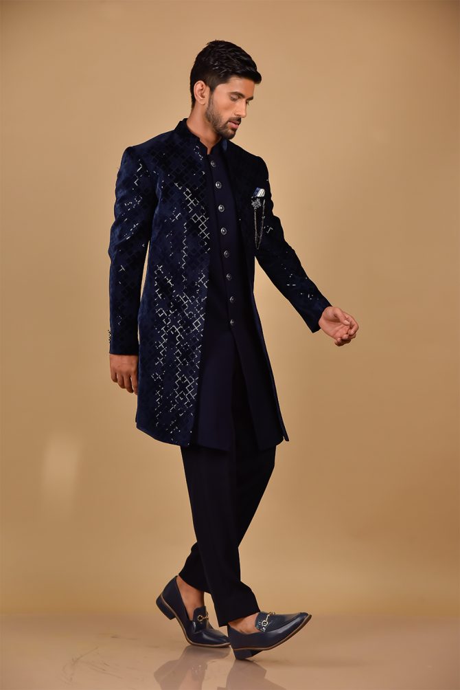 Royal Blue Sequin Thread Embroidered Indo-Western