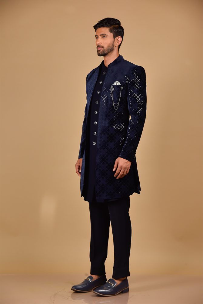 Royal Blue Sequin Thread Embroidered Indo-Western