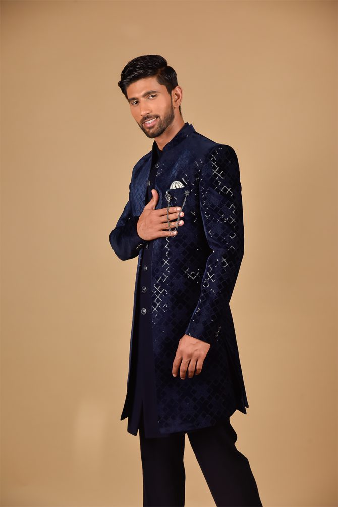 Royal Blue Sequin Thread Embroidered Indo-Western