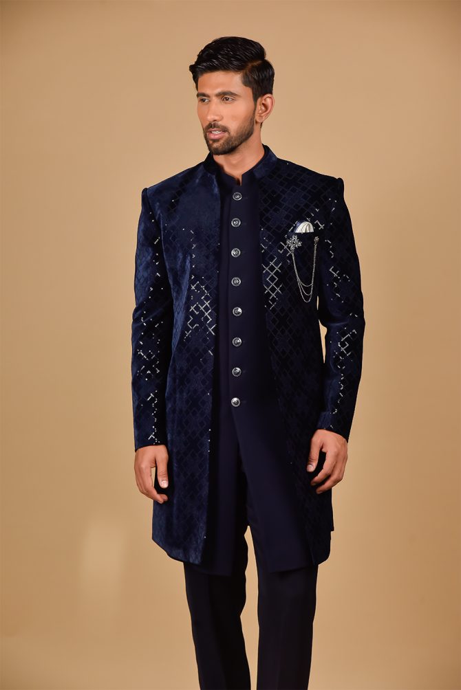 Royal Blue Sequin Thread Embroidered Indo-Western