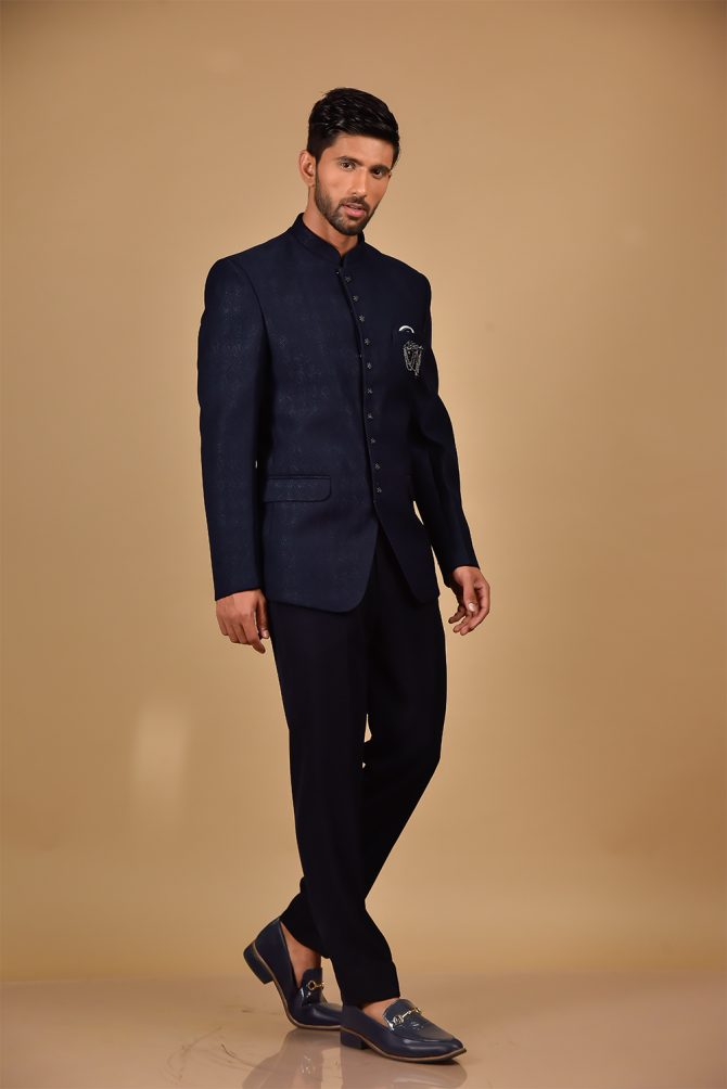 Navy Blue woven Partywear Jodhpuri Suit