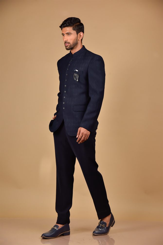 Navy Blue woven Partywear Jodhpuri Suit