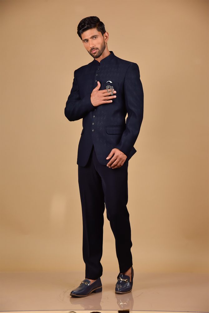 Navy Blue woven Partywear Jodhpuri Suit