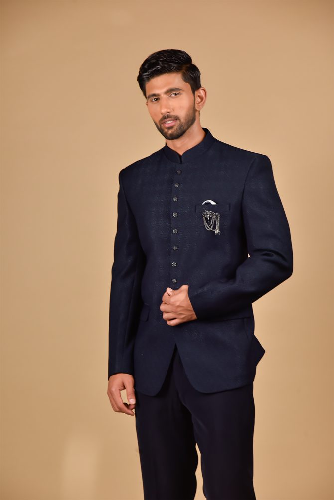 Navy Blue woven Partywear Jodhpuri Suit