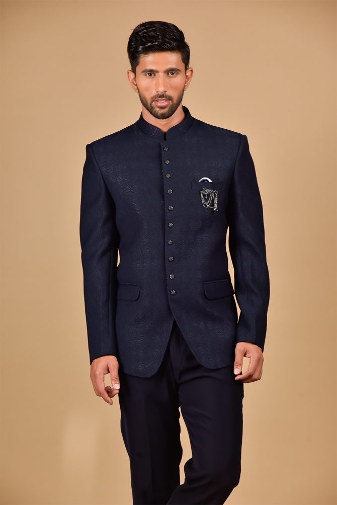 Navy Blue woven Partywear Jodhpuri Suit