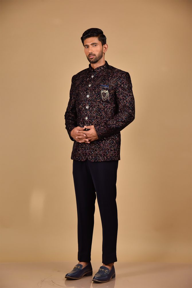 Black Floral & Multicolour Embroidered Jodhpuri Suit