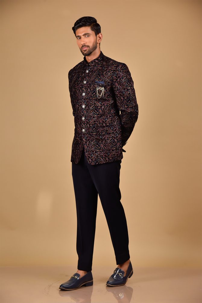 Black Floral & Multicolour Embroidered Jodhpuri Suit
