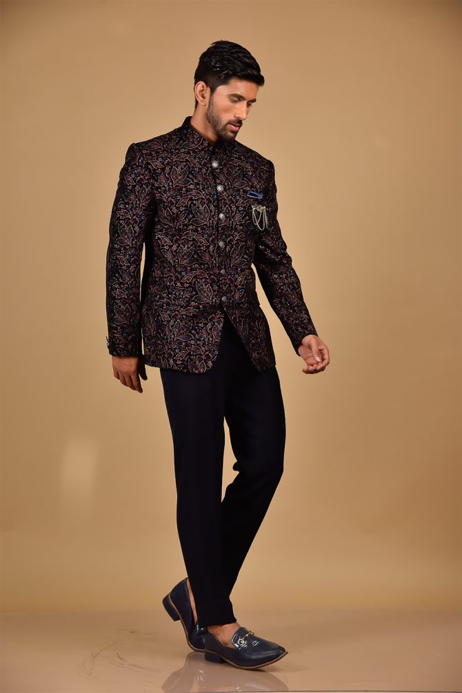 Black Floral & Multicolour Embroidered Jodhpuri Suit