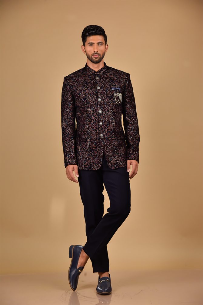 Black Floral & Multicolour Embroidered Jodhpuri Suit