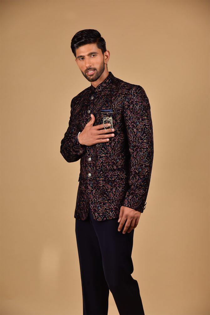 Black Floral & Multicolour Embroidered Jodhpuri Suit