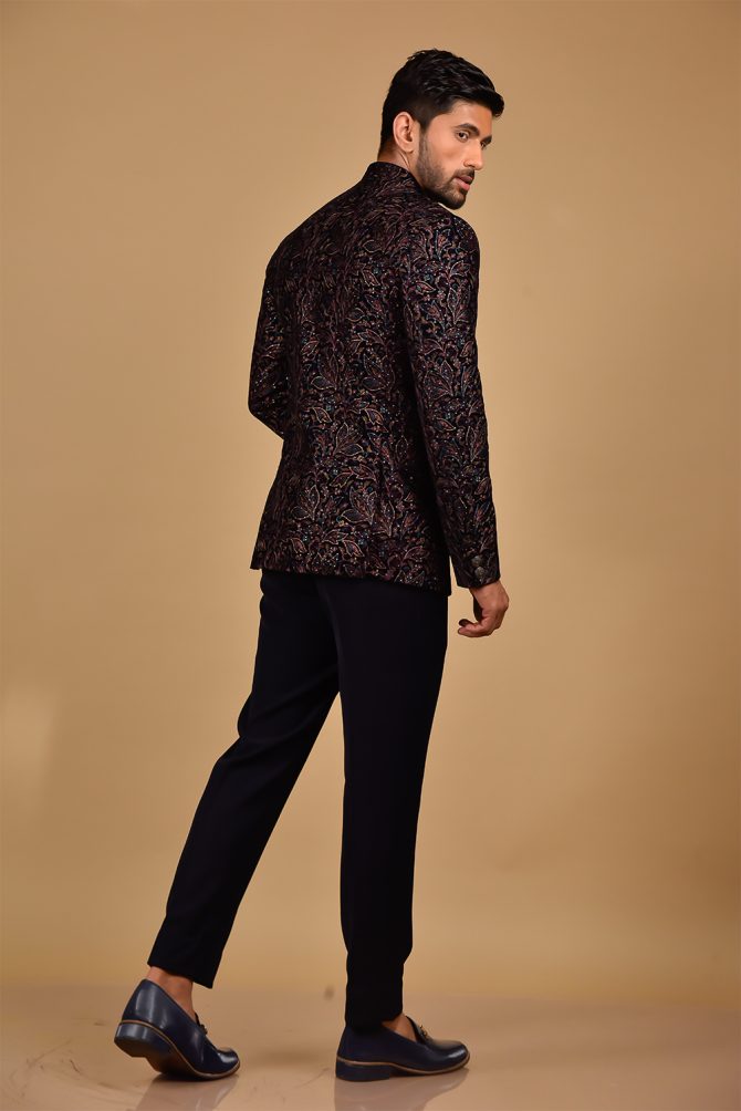 Black Floral & Multicolour Embroidered Jodhpuri Suit