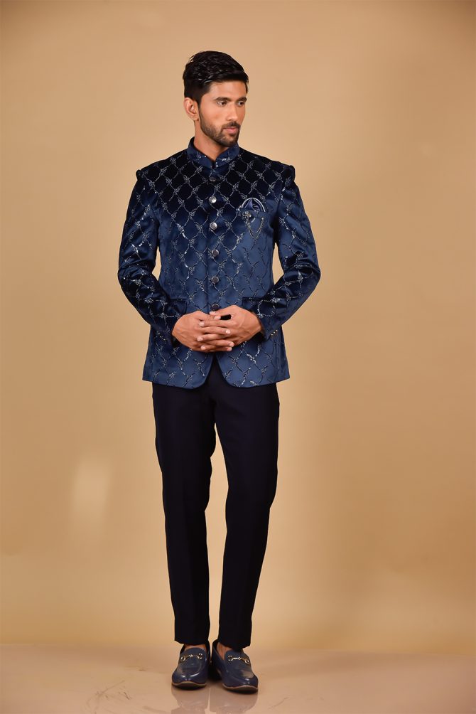 Royal Blue Velvet Embroidered Jodhpuri Suit
