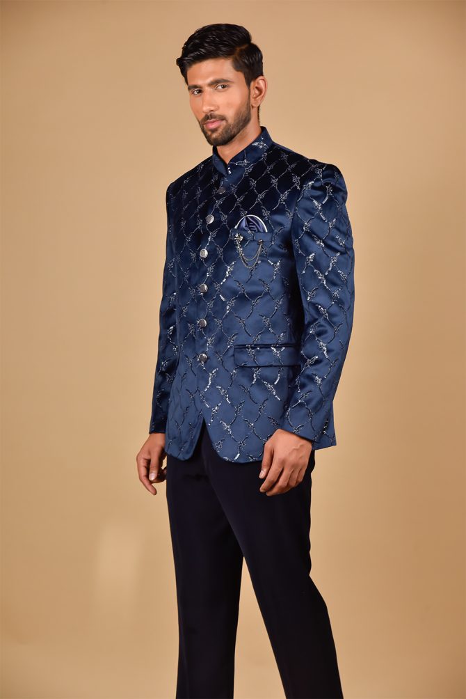 Royal Blue Velvet Embroidered Jodhpuri Suit