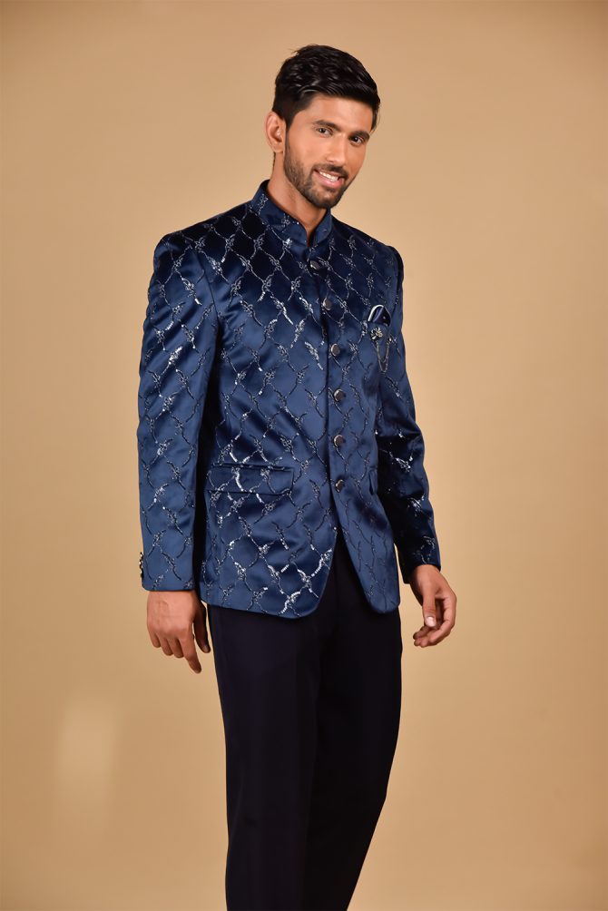 Royal Blue Velvet Embroidered Jodhpuri Suit