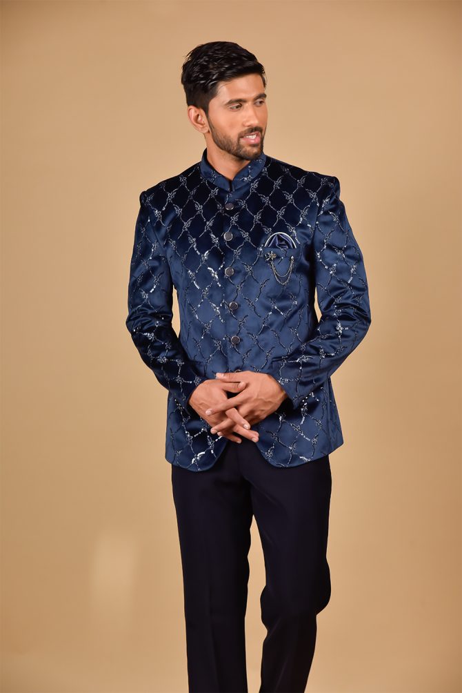 Royal Blue Velvet Embroidered Jodhpuri Suit